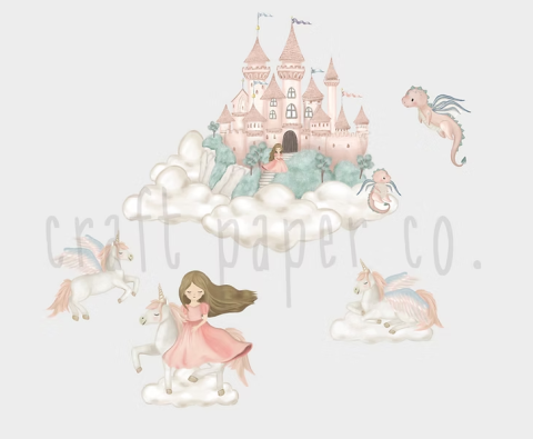 Prenses, Unicorn Ve Şato Duvar Sticker 