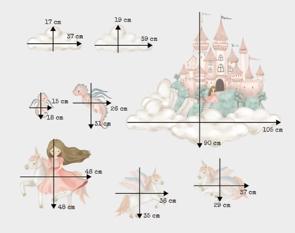 Prenses, Unicorn Ve Şato Duvar Sticker 